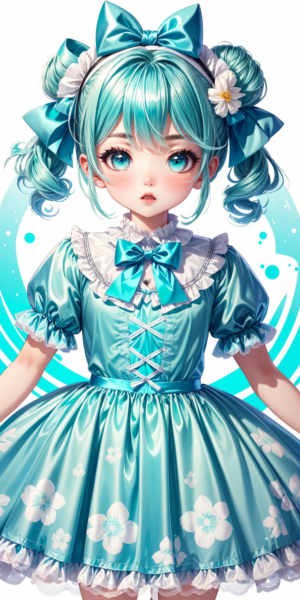 Aqua Floral Print Ribboned Shiny Satin Pinafore Dress - v1.0