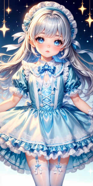 Light Blue and White Silvery Star Satin and Organza Dress - v1.0