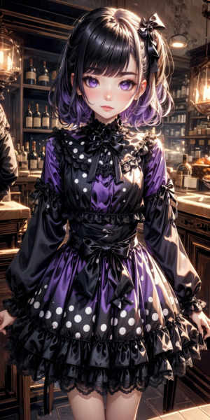 Purple and Black Polka Dot Print Satin Dress - v1.0