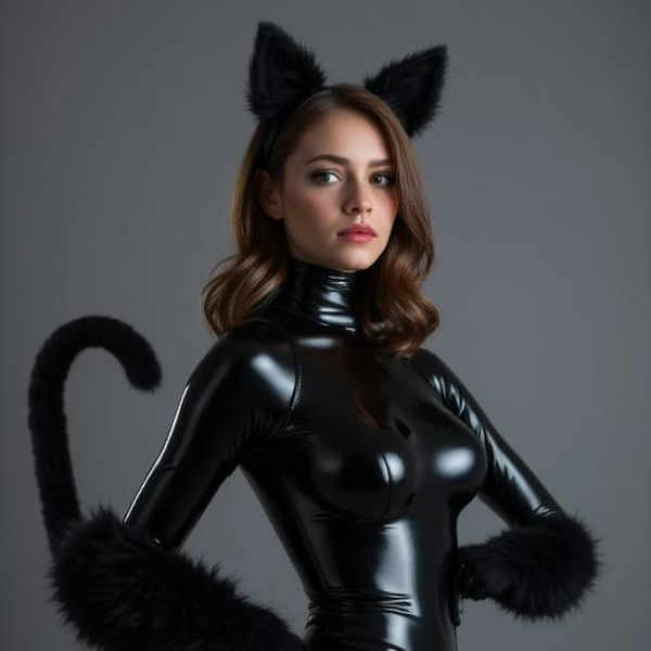 Realistic Latex Cat Leotard with Ears and Tail-F1-GMR - Latex Cat Leatard F1-GMR