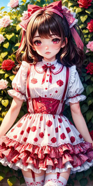 Red, Pink and White Striped Gingham Rose Print Dress - v1.0