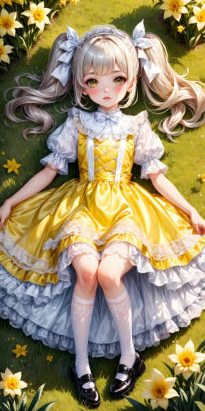 Yellow and White Lace Brocade Shiny Satin Dress - v1.0