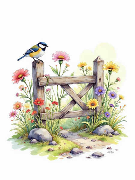 C_Watercolor Pastoral Style_Creation Of Fences With Birds And Flowers - v1.0