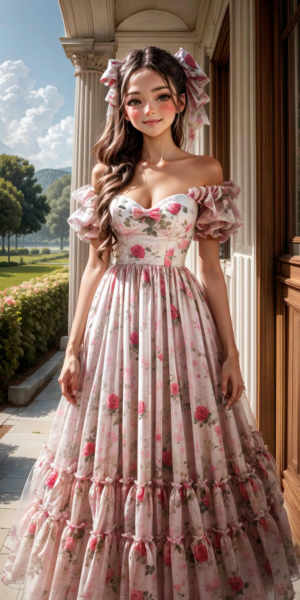 Rose Reverie - White and Pink Floral Print Gown - v1.0
