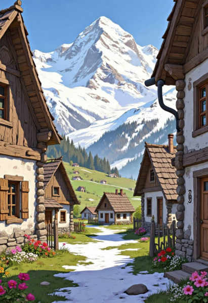 DX_Snow-Capped Mountain Village Painting_Rural Scene Generation - v1.0