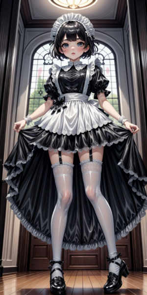 Collared Satin Maid Dress with Ribboned Lace Apron - V1