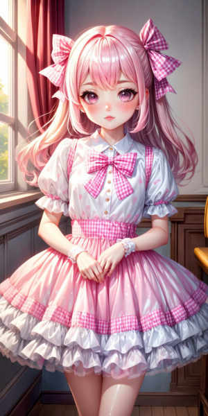 White and Hot Pink Polka Dot and Gingham Print Satin Dress - v1.0