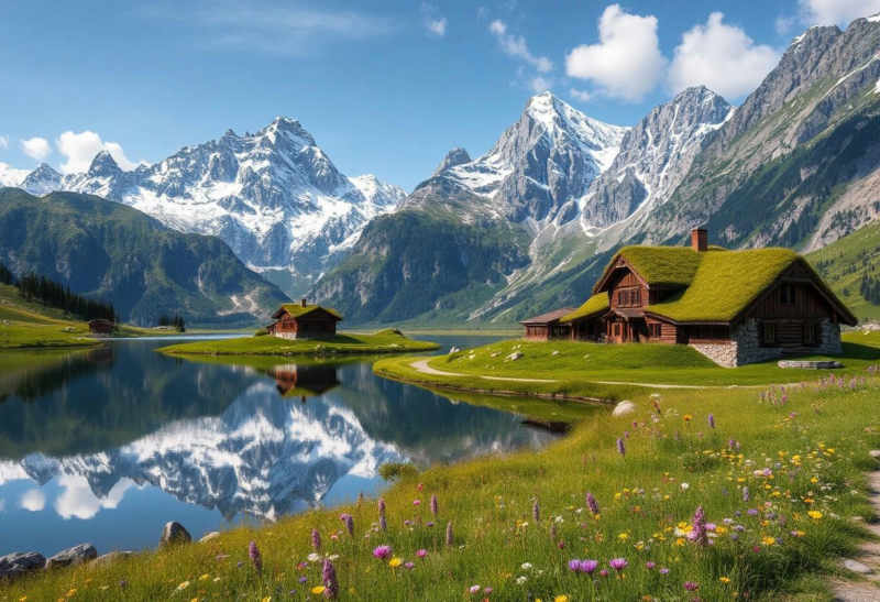 Mountain landscape with houses and animals - V2