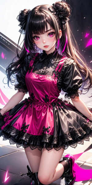 Hot Pink and Black Lace-trimmed Satin Dress - v1.0