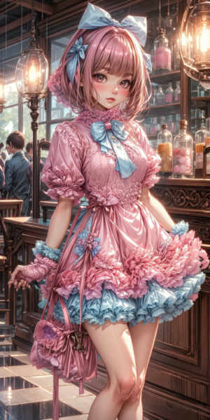 Pink and Blue Ribboned Shiny Satin Puffy Dress / Outfit - V1