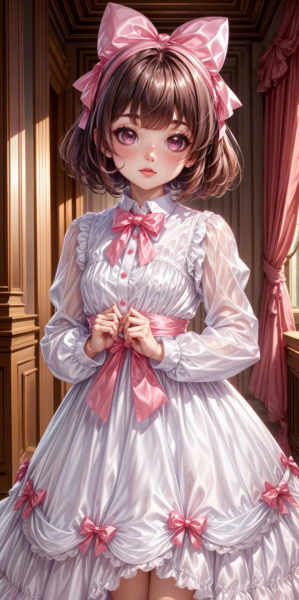 White and Pink Ribboned Satin Maid Gown - V1