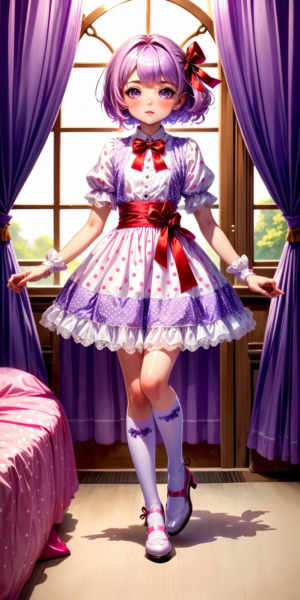 Purple, Pink, White and Red Ribbon-Trimmed Polka Dot Print Dress - v1.0